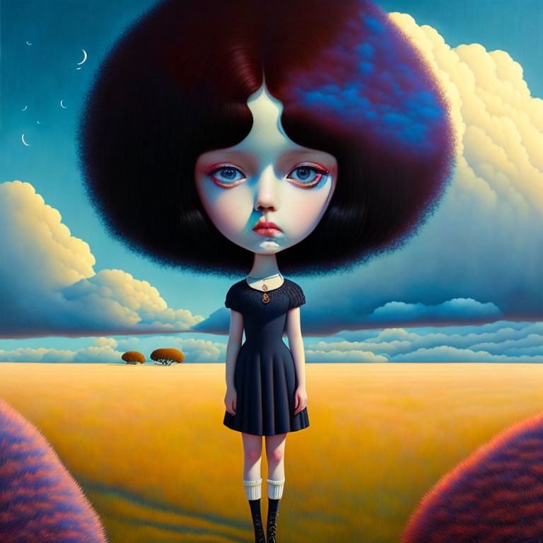 Surreal painting: Girl with oversized head and large blue eyes in stylized field