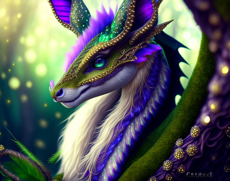 Dragon-like creature with golden mask in lush greenery & glowing lights