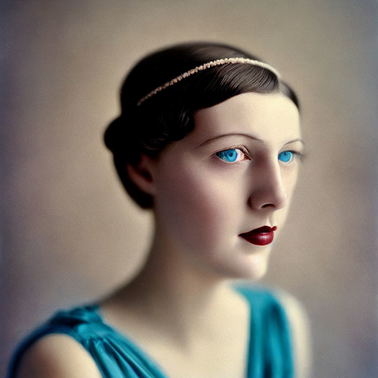 Vintage portrait of woman with blue eyes and dark lipstick in 1920s attire