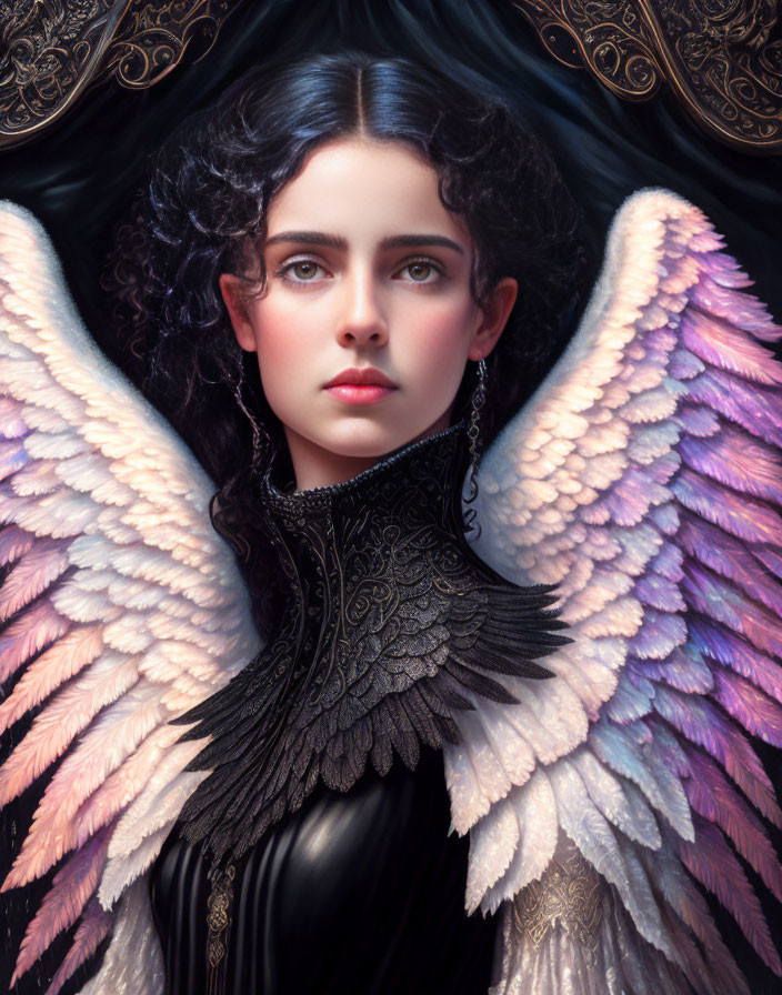 Digital artwork: Woman with dark hair, multicolored angel wings, and intricate black garment