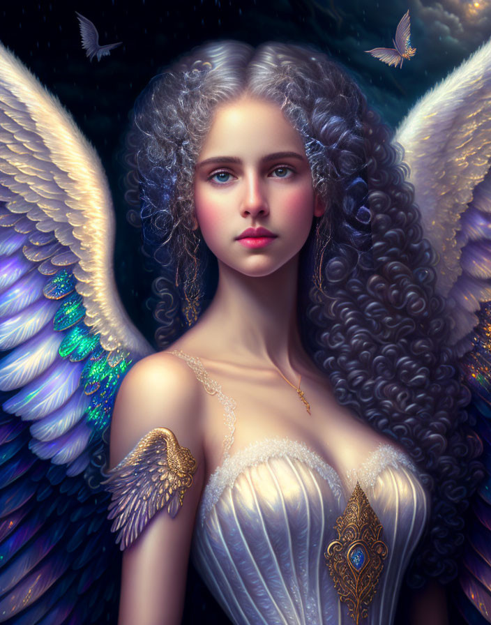 Surreal portrait of woman with angel wings, curly hair, jewelry, butterflies