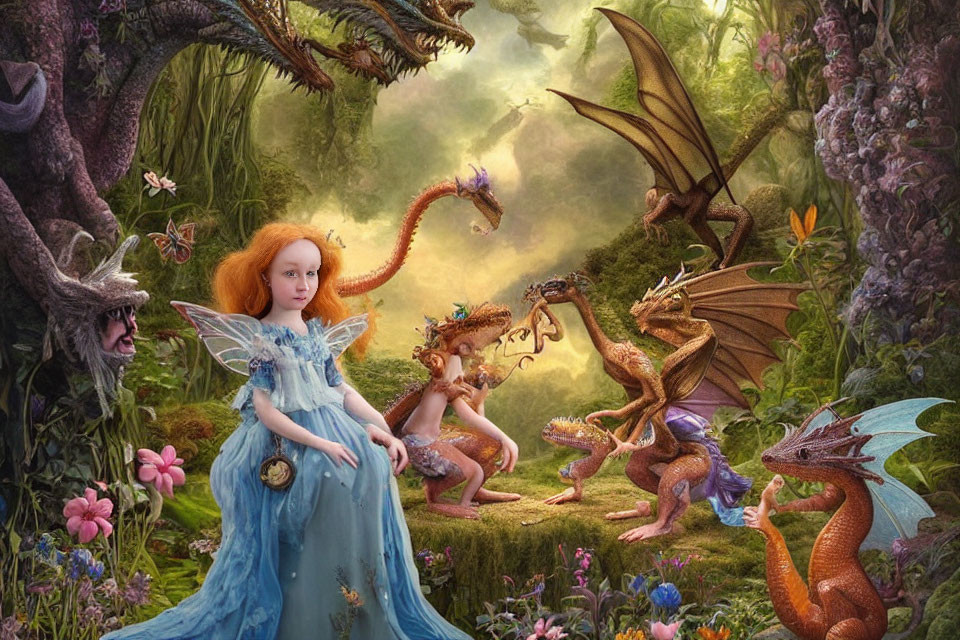 Whimsical forest glade with girl, dragons & fairies