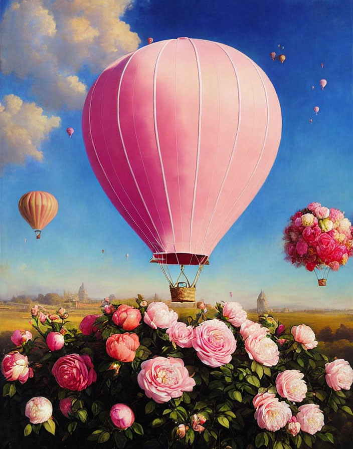 Colorful hot air balloons over rose bed in a scenic painting