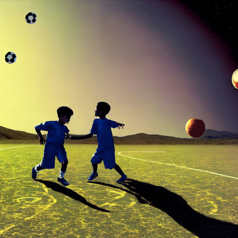 Children playing soccer on surreal green-lined surface with multiple balls and large planet in sky.