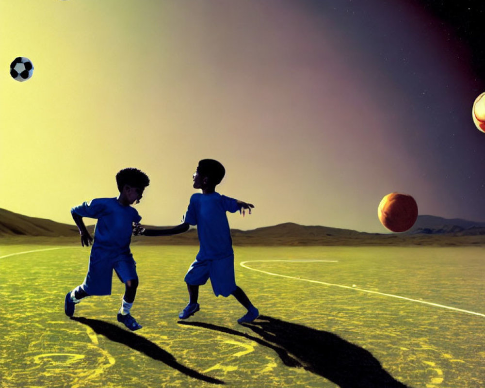 Children playing soccer on surreal green-lined surface with multiple balls and large planet in sky.