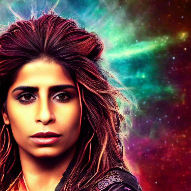 Woman with Voluminous Hair in Vibrant Cosmic Setting