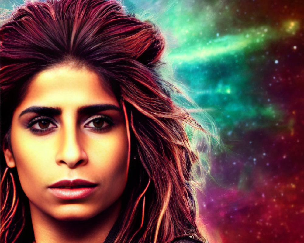 Woman with Voluminous Hair in Vibrant Cosmic Setting