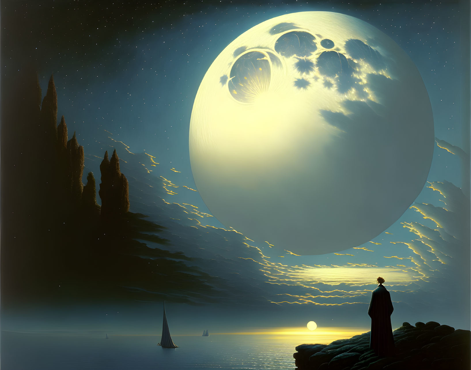 Cloaked figure on shoreline gazes at detailed moonrise