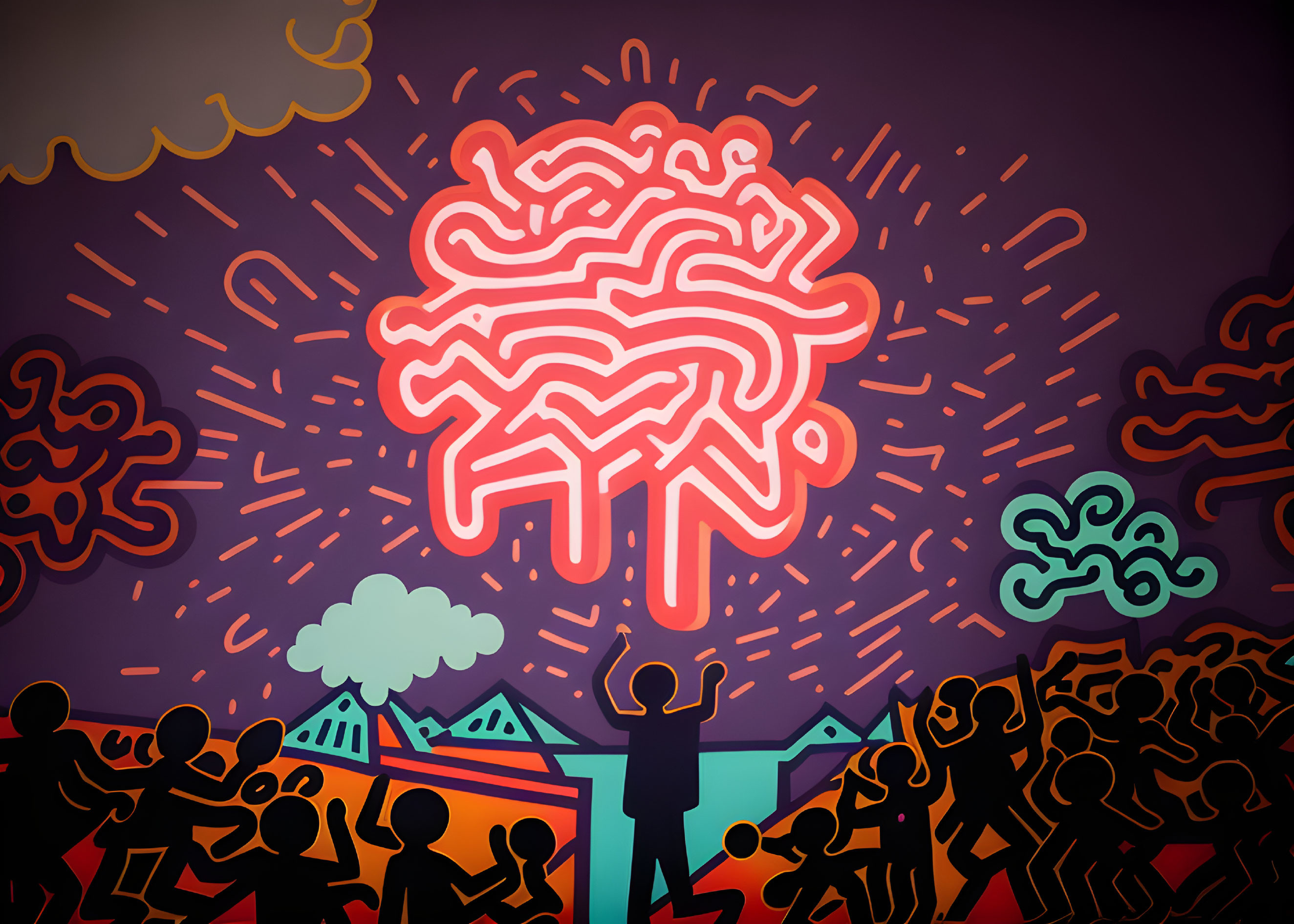 Colorful Crowd Observing Glowing Brain Icon