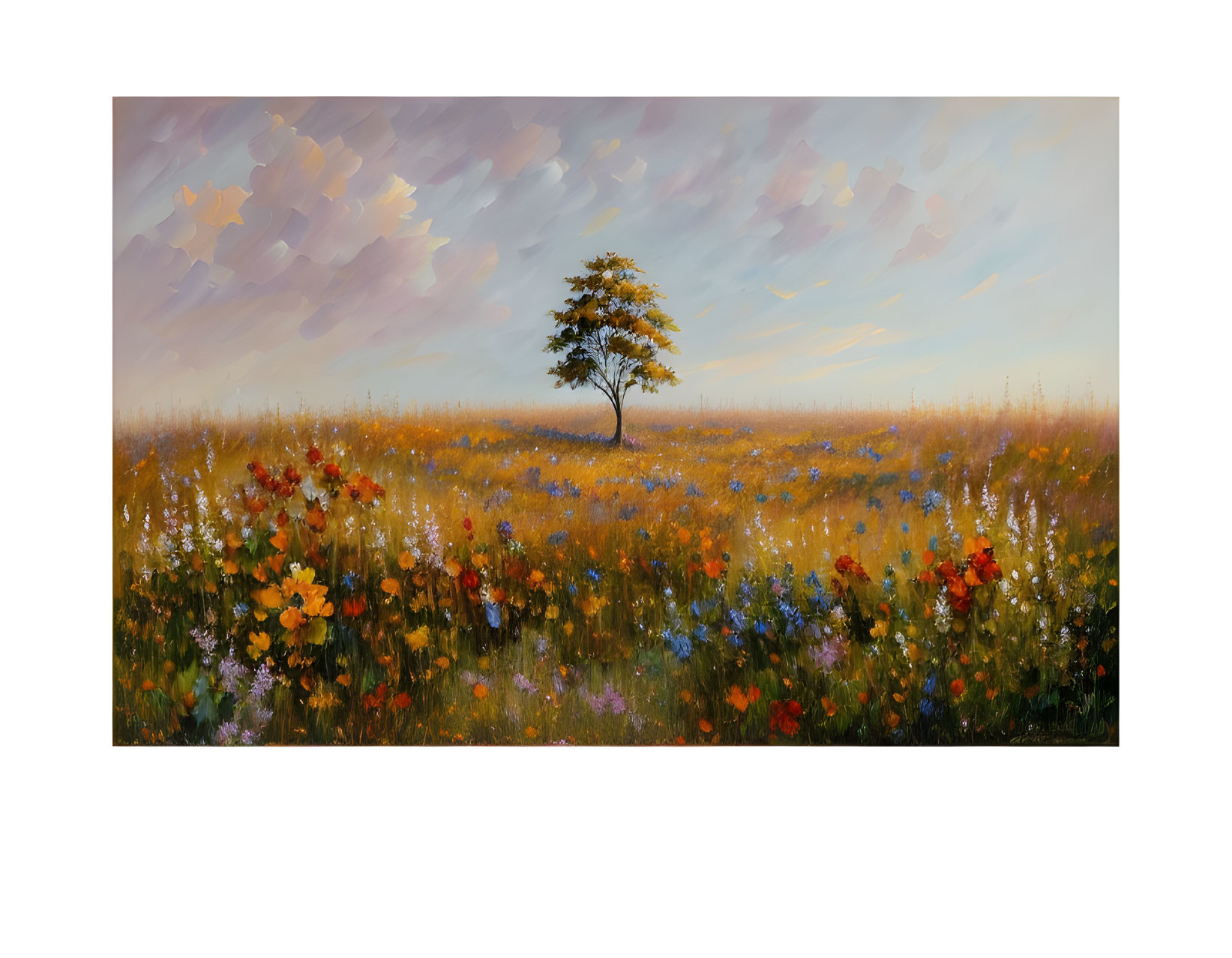 Vibrant meadow scene with solitary tree and dynamic sky