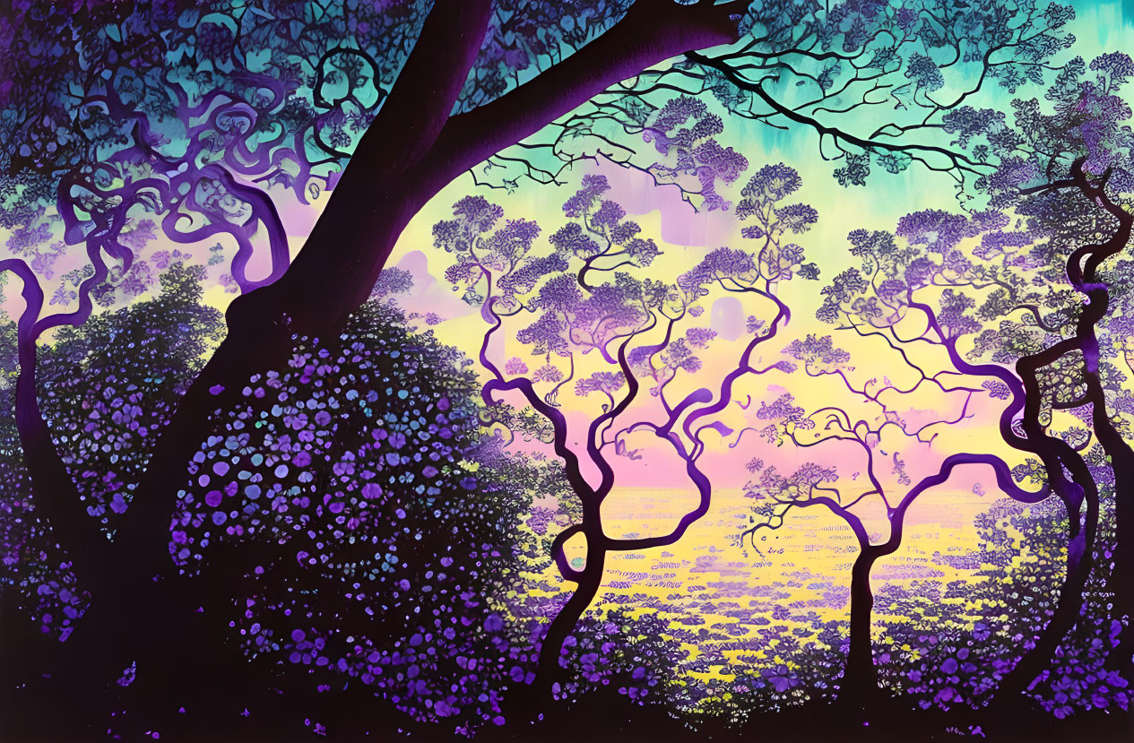 Colorful Whimsical Forest Scene with Twisted Trees and Gradient Sky