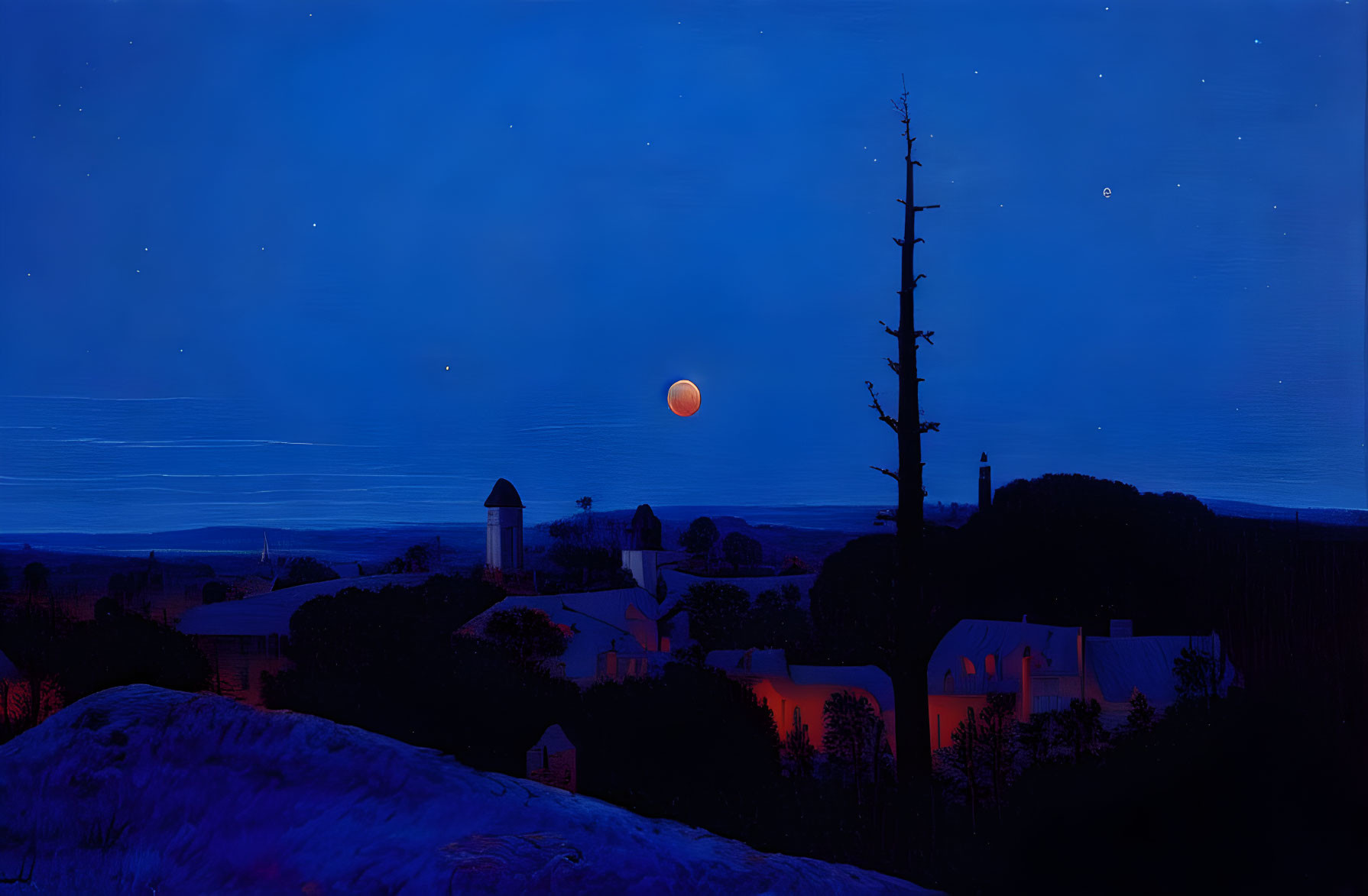 Reddish Moon Over Tranquil Village at Night