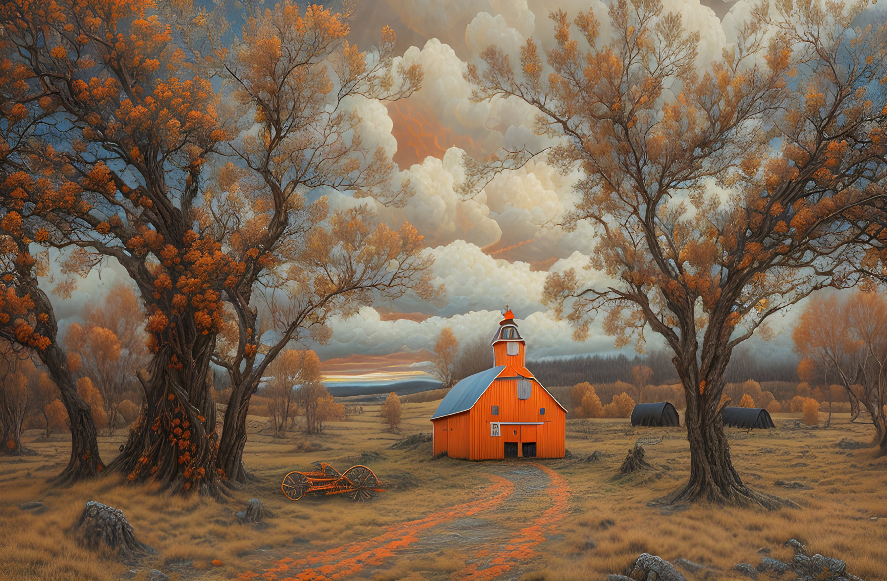 Vibrant autumnal scene: orange oak canopy, red-roofed church, dirt path,