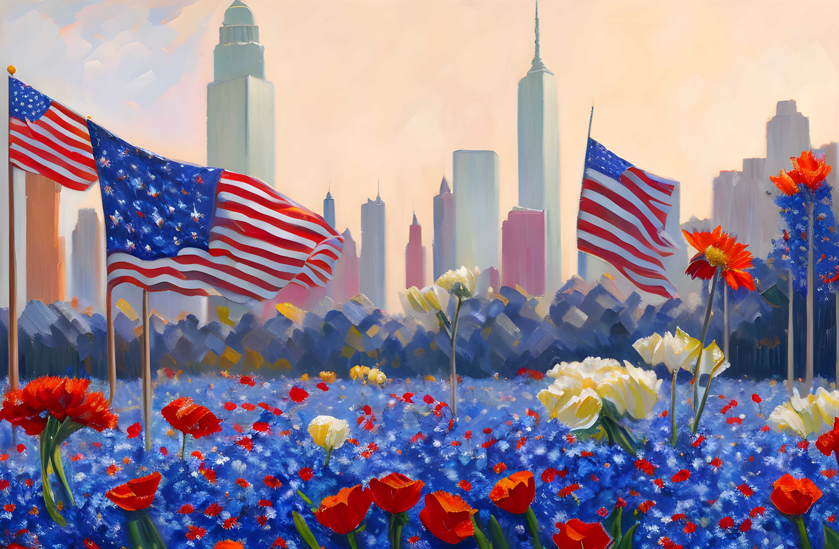 Colorful flower field painting with American flags and city skyline at sunset