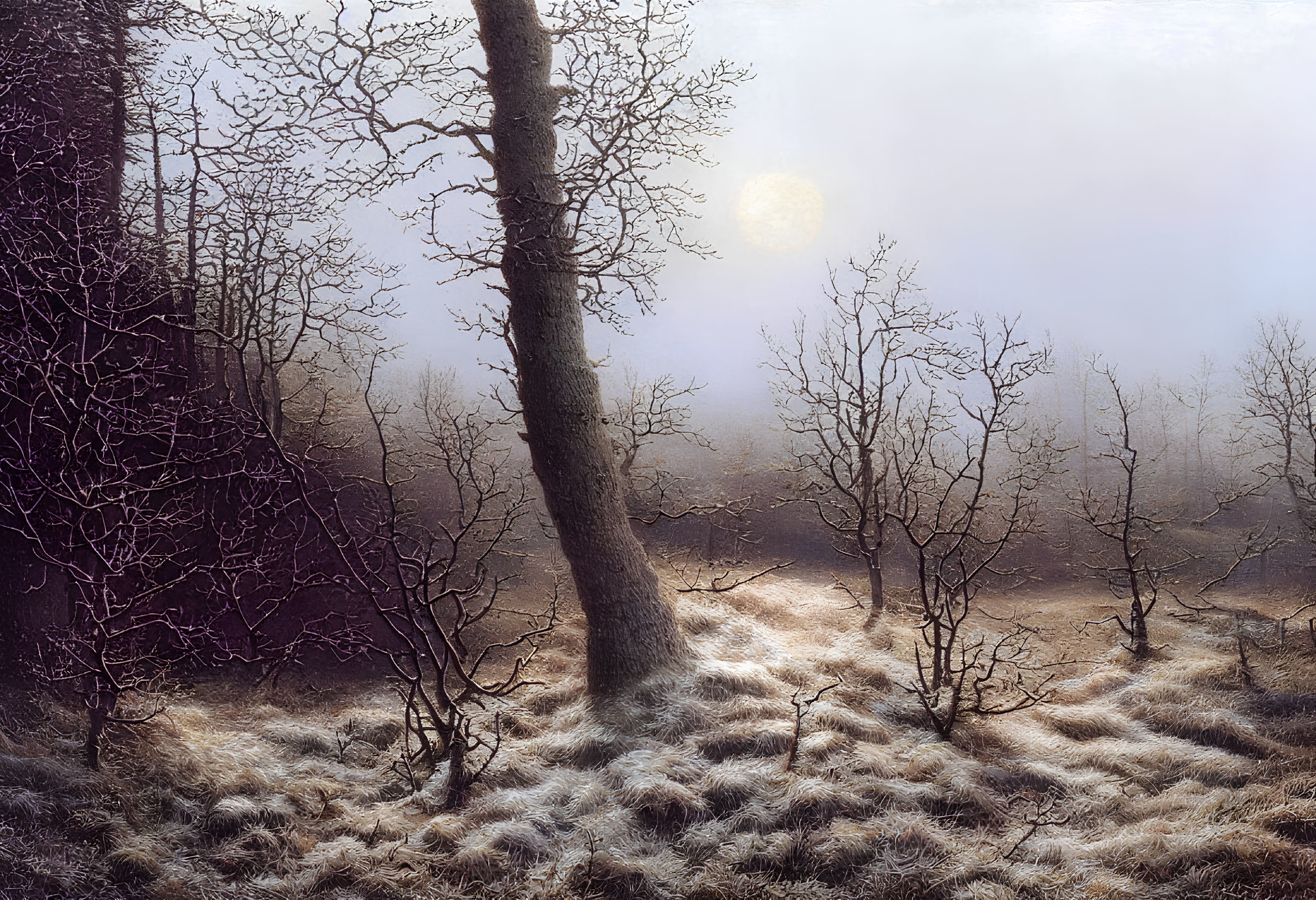 Bare Trees in Frosty Winter Landscape