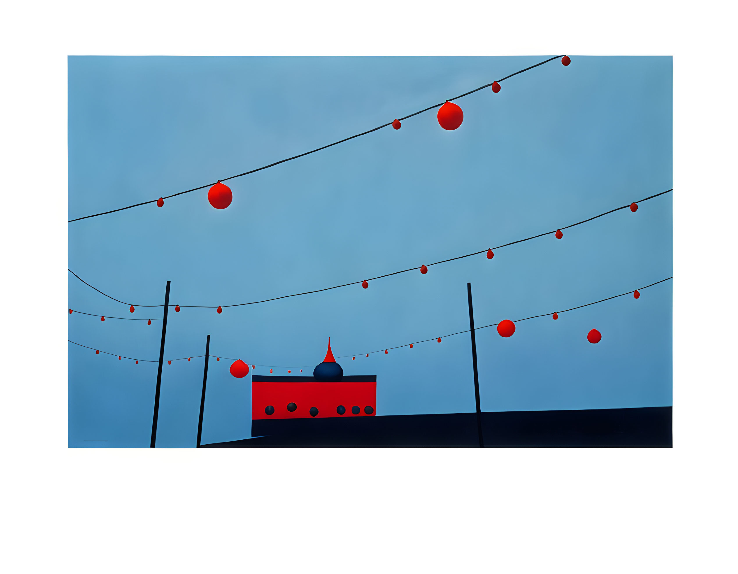 Minimalist Red Ship Artwork with Circular Balloon Elements on Wires