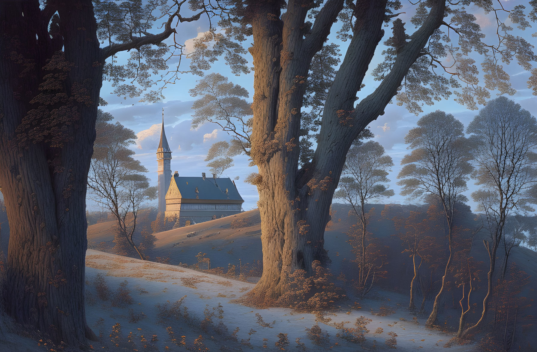 Twilight scene: Chapel and steeple framed by trees in serene forest