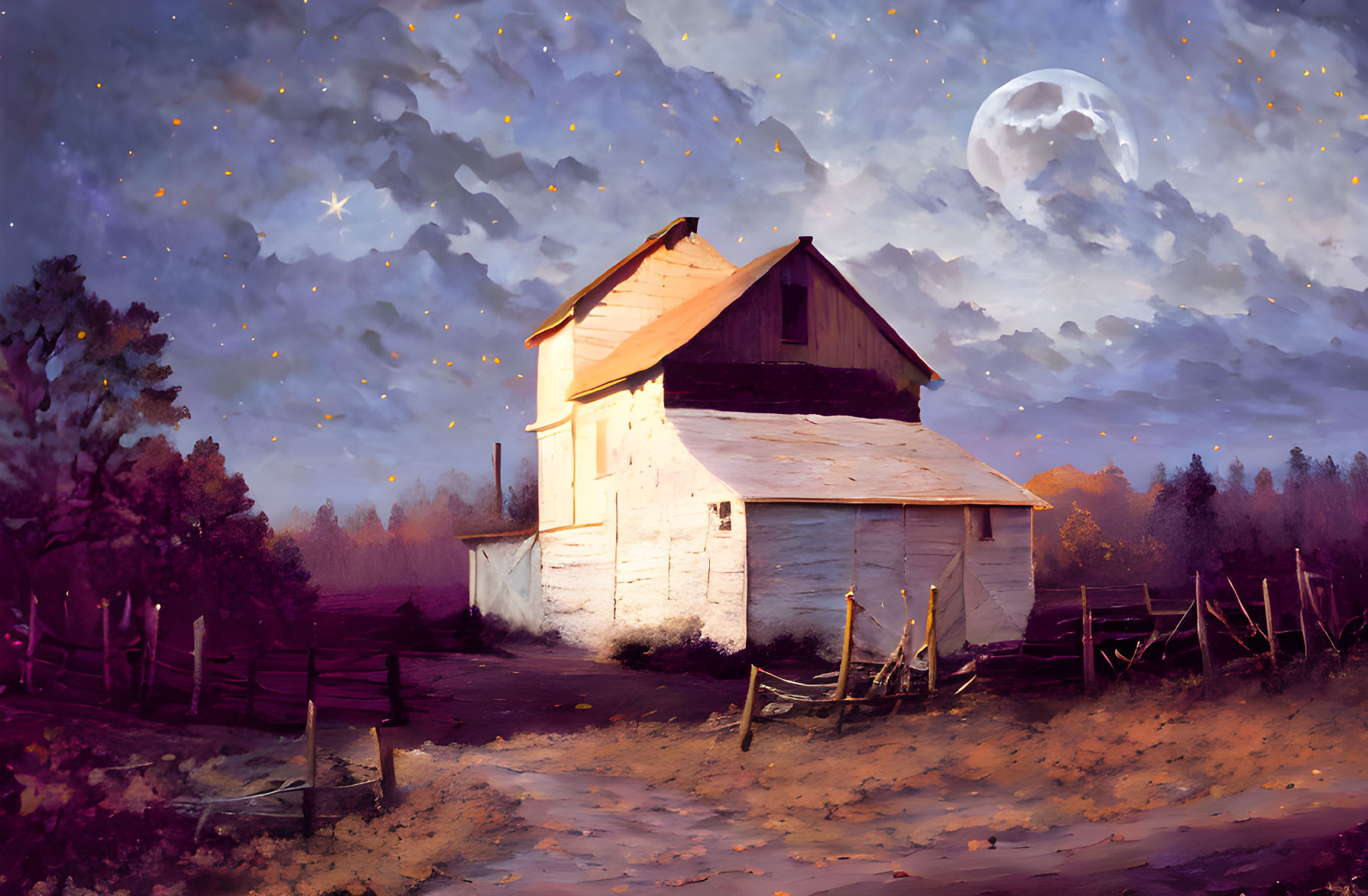 Rural Dusk Scene with Two-Story Building and Full Moon