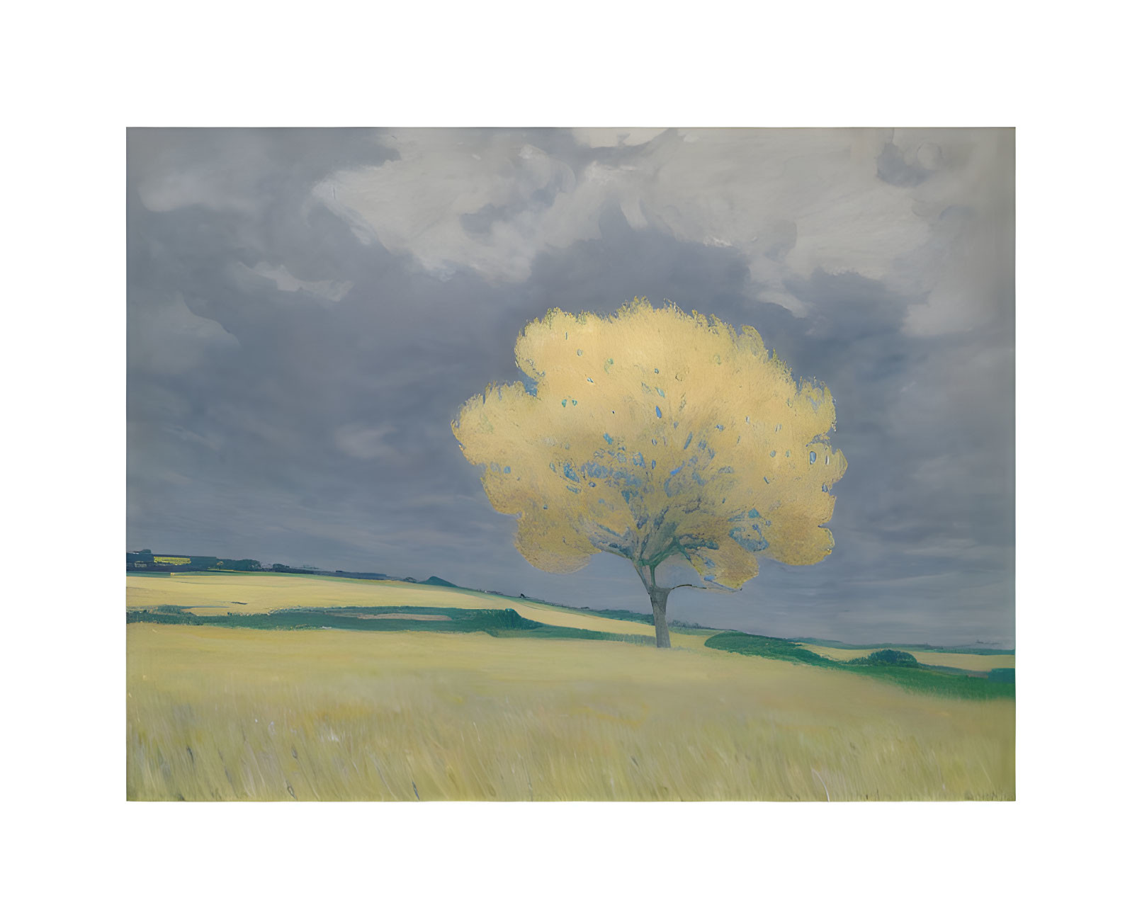 Solitary tree with yellow foliage in field under cloudy sky