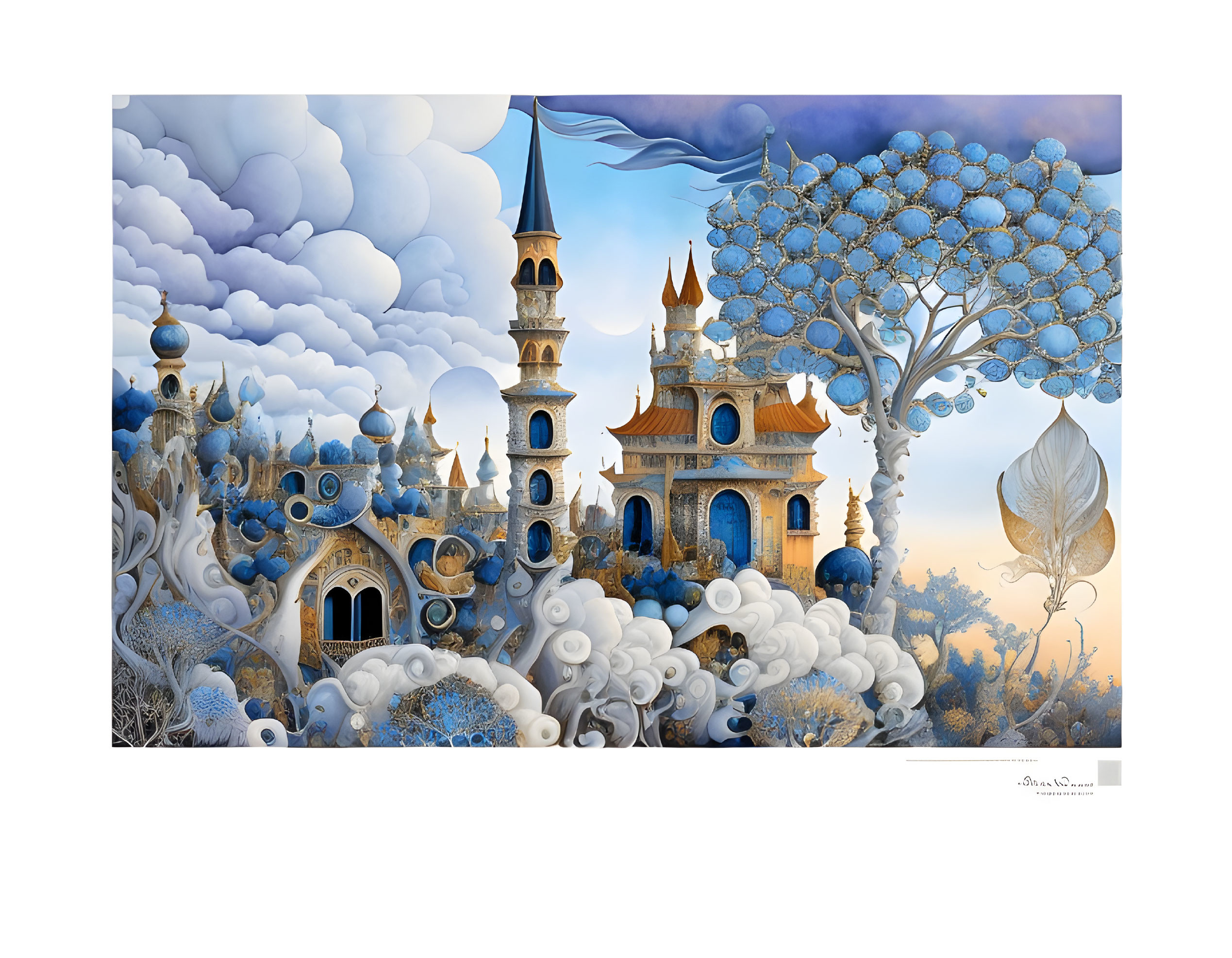 Whimsical castle in surreal landscape with ornate trees