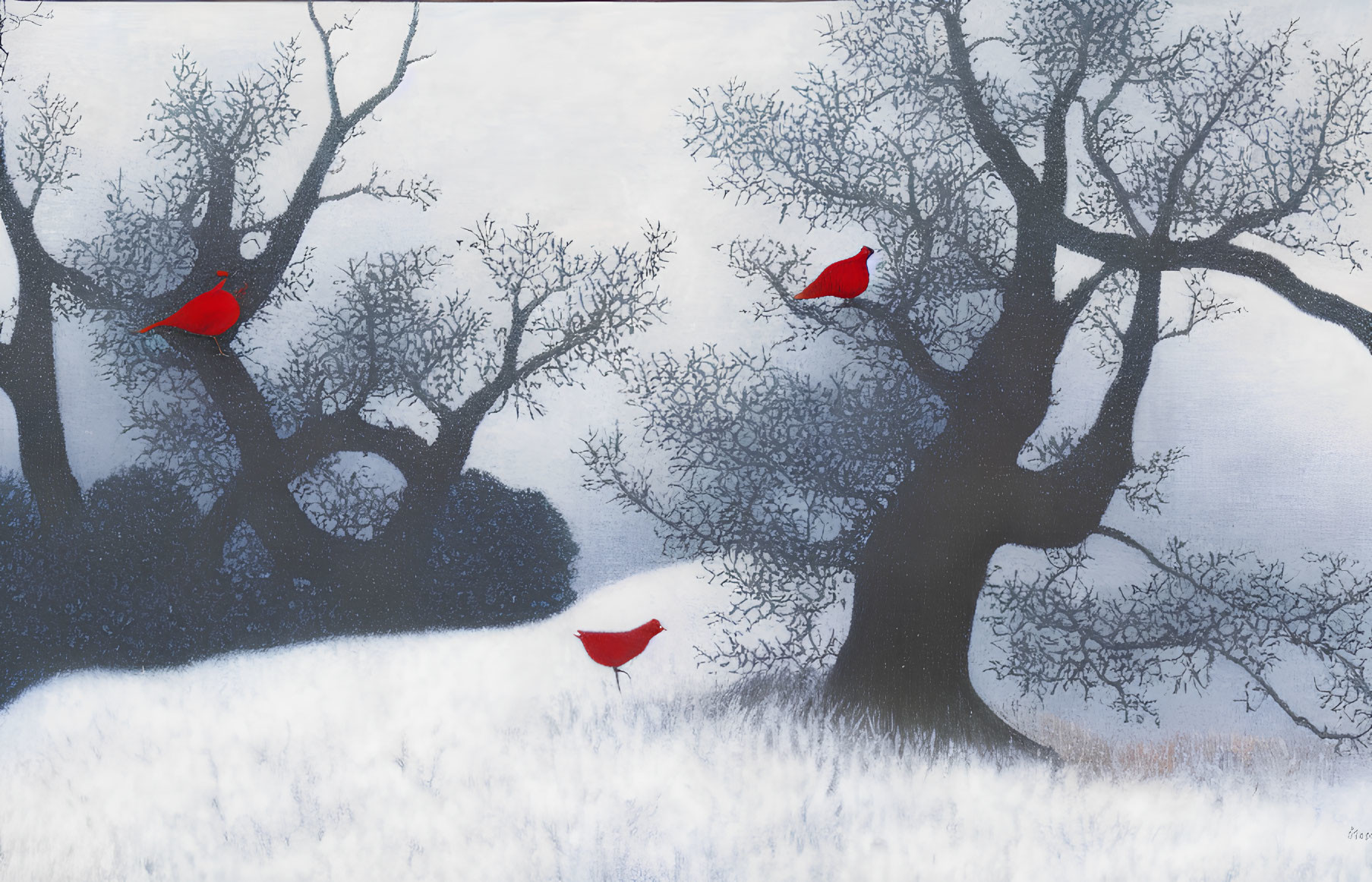 Winter scene with three red cardinals on snowy branches.