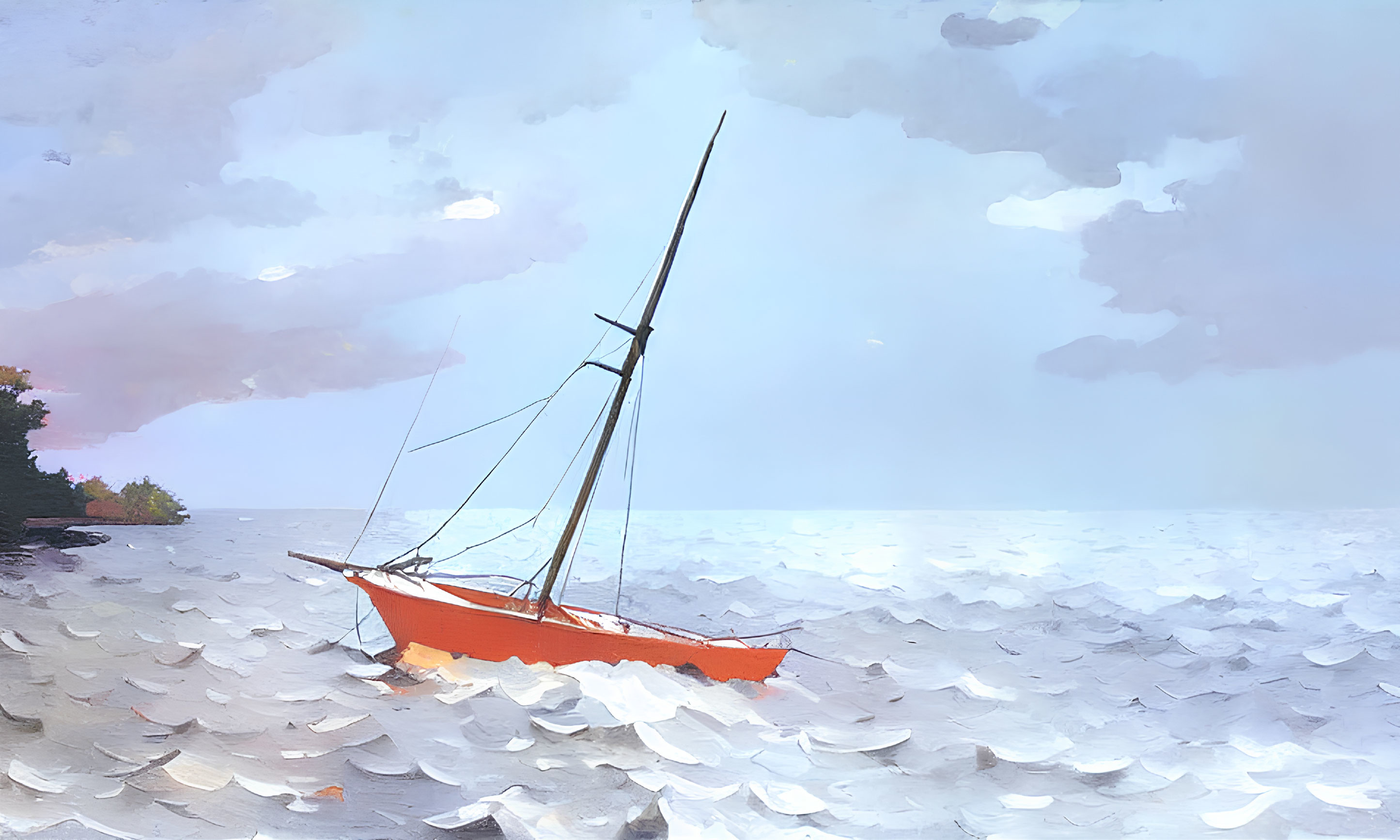 Orange sailboat tilting in choppy sea under cloudy sky, coastline in view