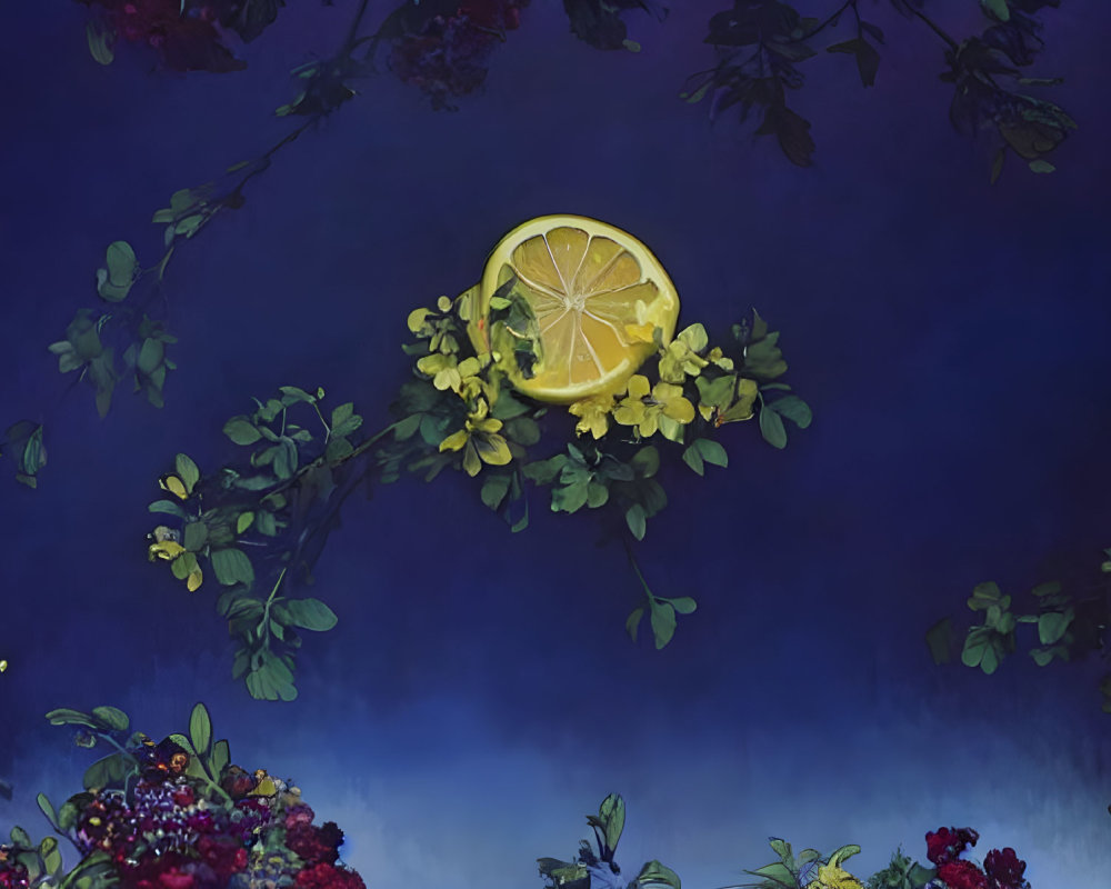 Bright lemon slice in enchanting scene with dark blue background and lush, colorful flora.