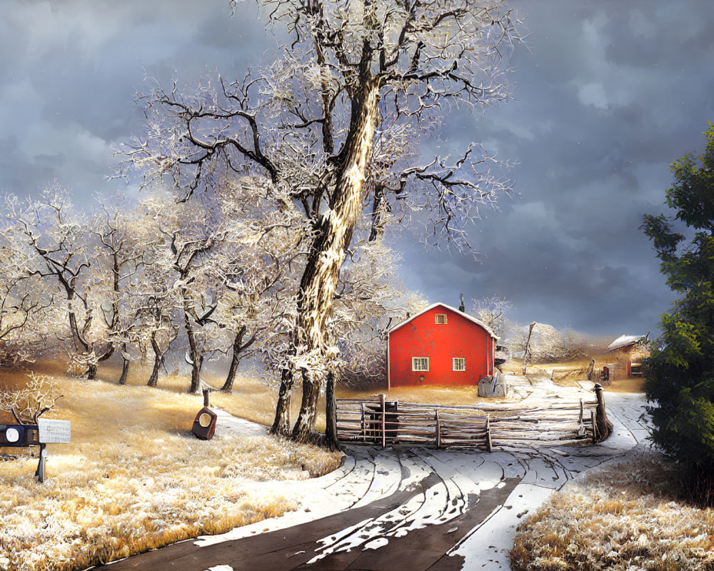 Snow-covered winter landscape with red barn, leafless trees, and clear sky