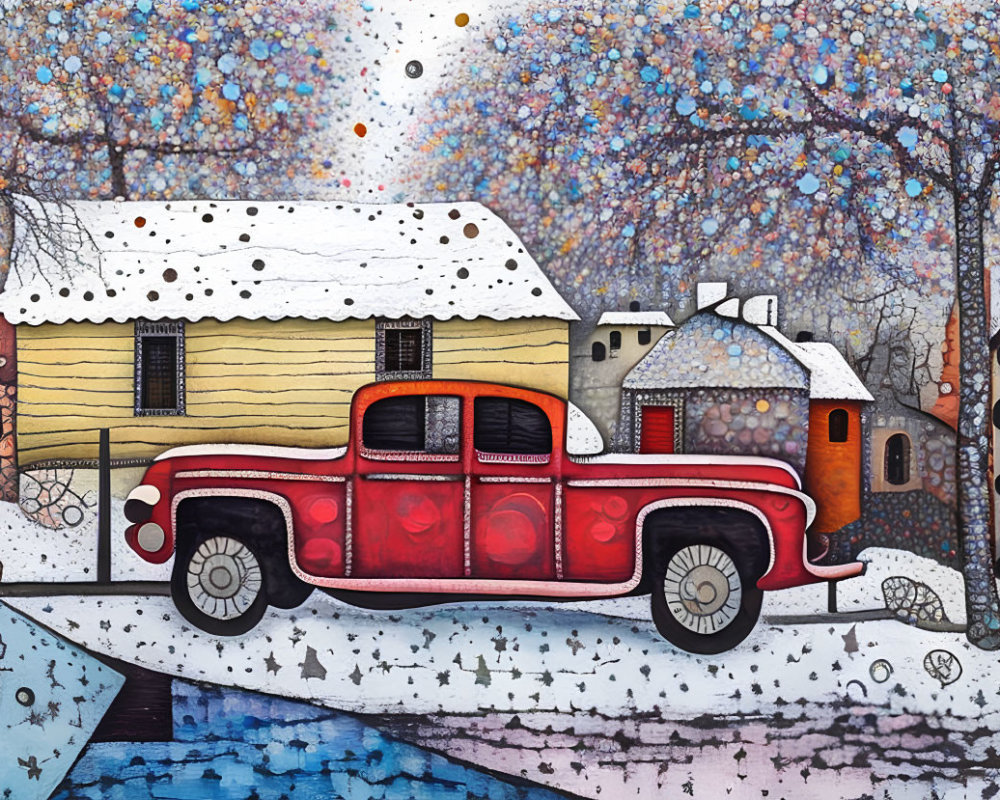 Whimsical winter scene with vintage car and snow-covered landscape