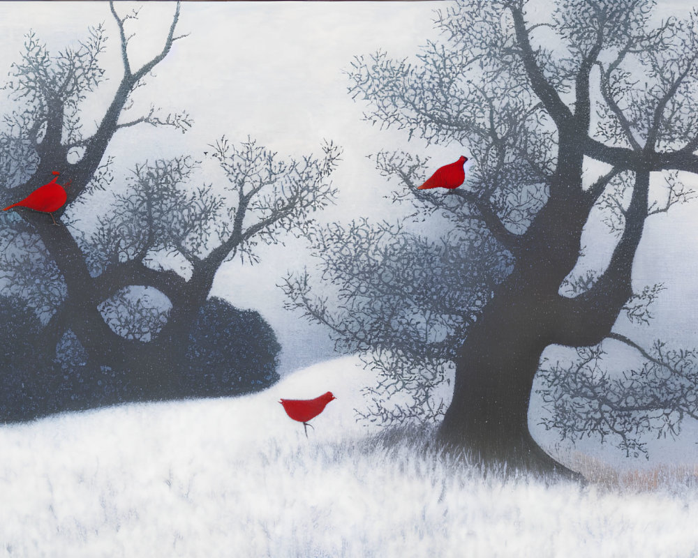 Winter scene with three red cardinals on snowy branches.