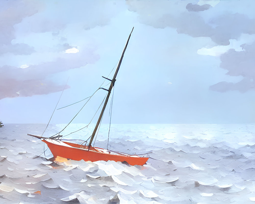 Orange sailboat tilting in choppy sea under cloudy sky, coastline in view