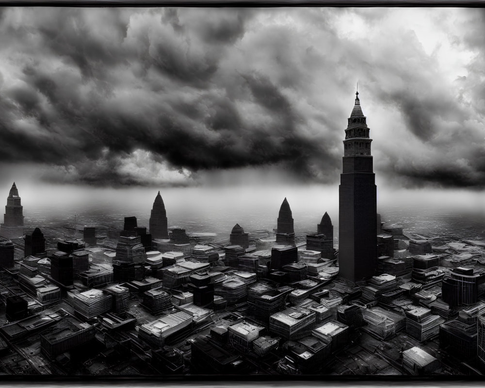 Monochrome cityscape with historical building under dramatic sky