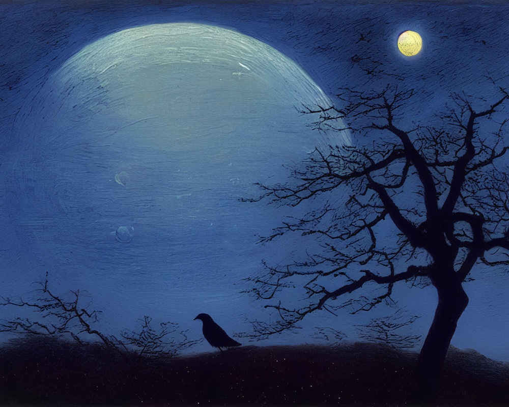 Surreal painting featuring moon, yellow orb, tree, birds, and bubbles