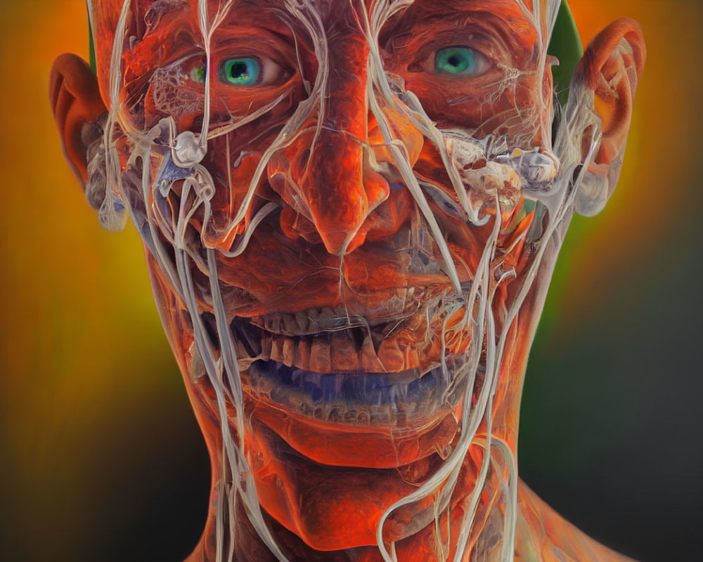 Detailed human head anatomy with muscles and nerves on orange backdrop