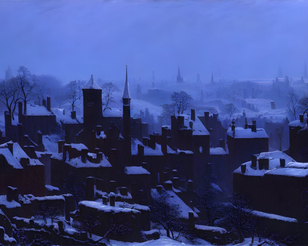 Snow-covered rooftops in a nocturnal winter cityscape