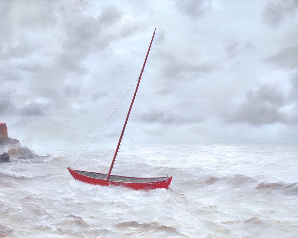 Red sailboat with leaning mast in choppy waters near cloudy coast buildings