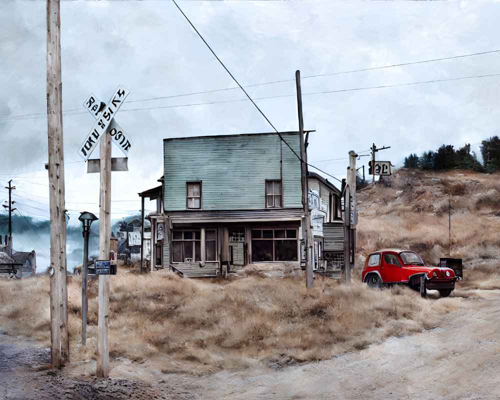 Desolate old western town with wooden building, classic car, and dusty landscape.