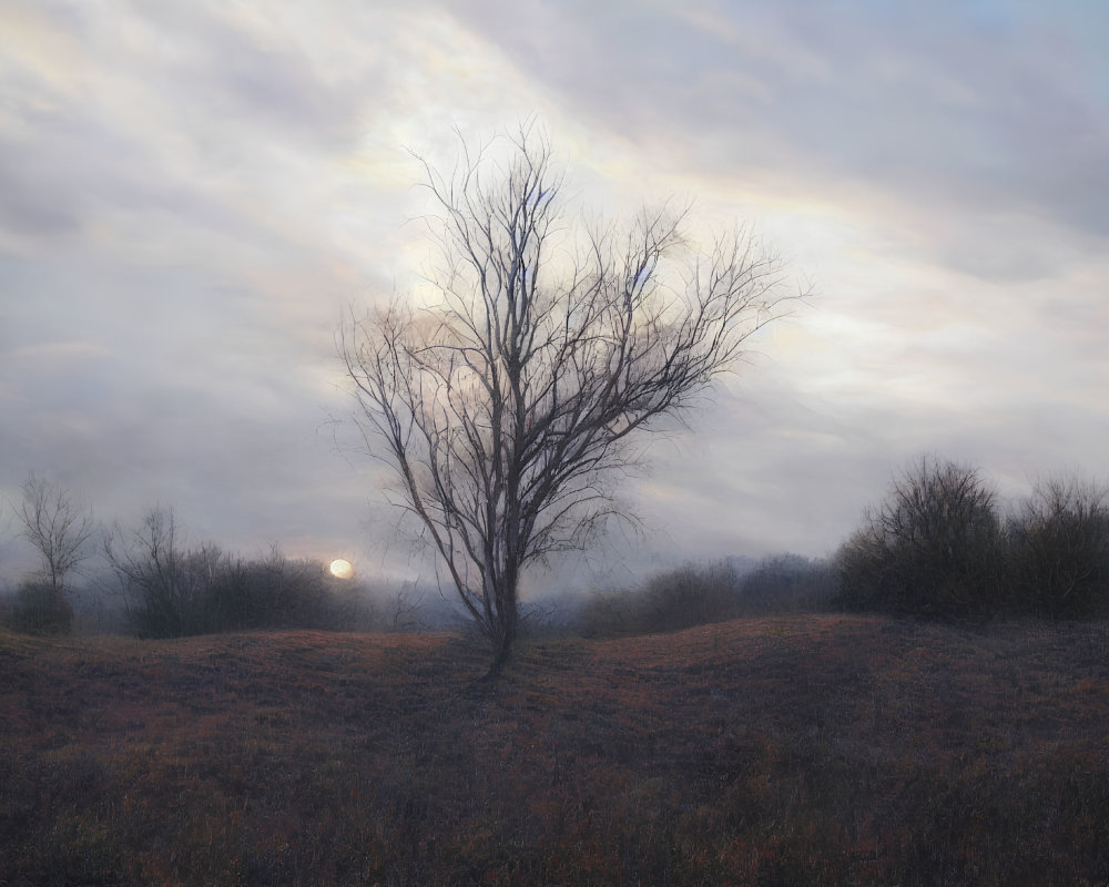 Misty field with solitary leafless tree at sunset