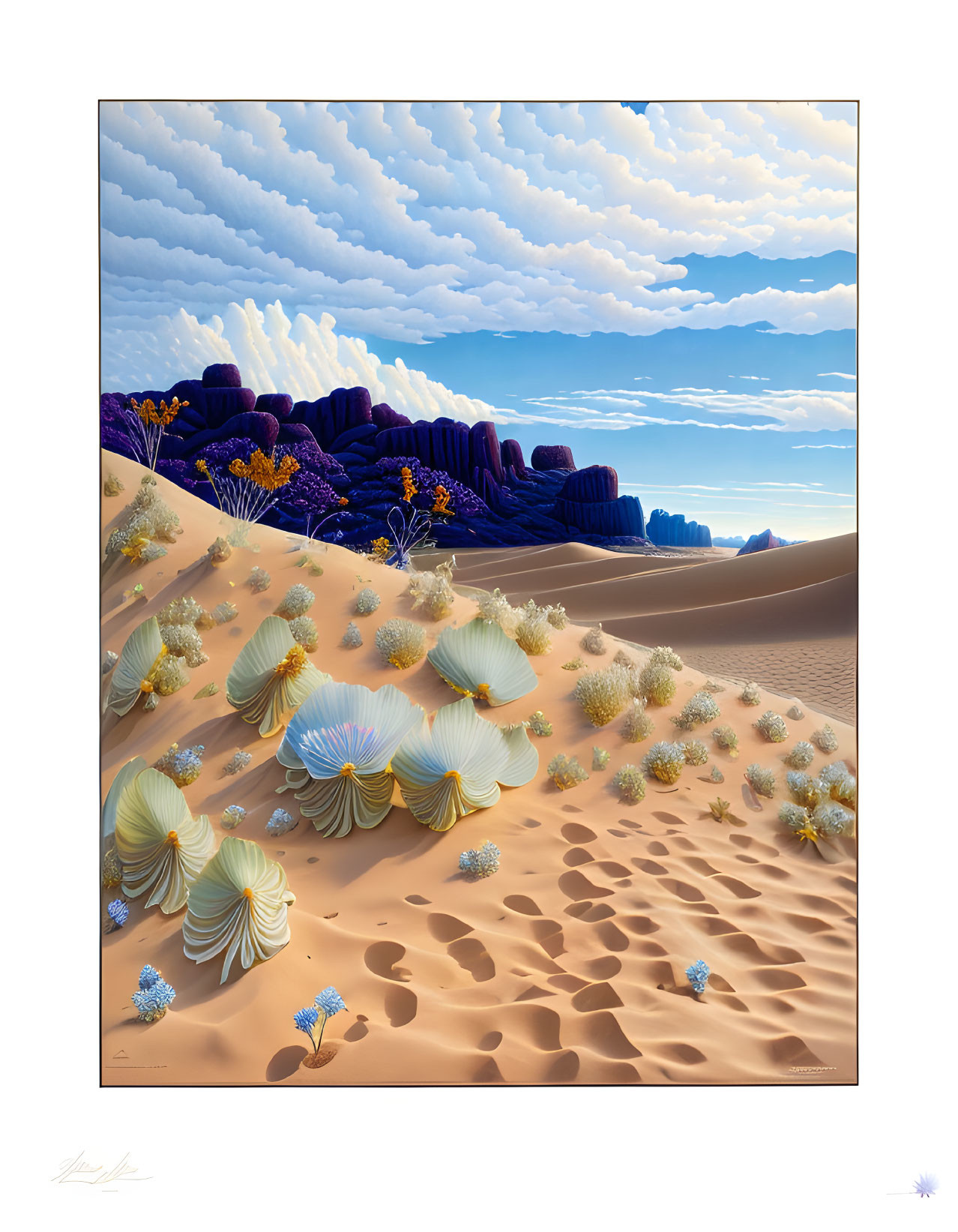 Surreal landscape with sandy dunes, mushroom plants, and purple rock formations