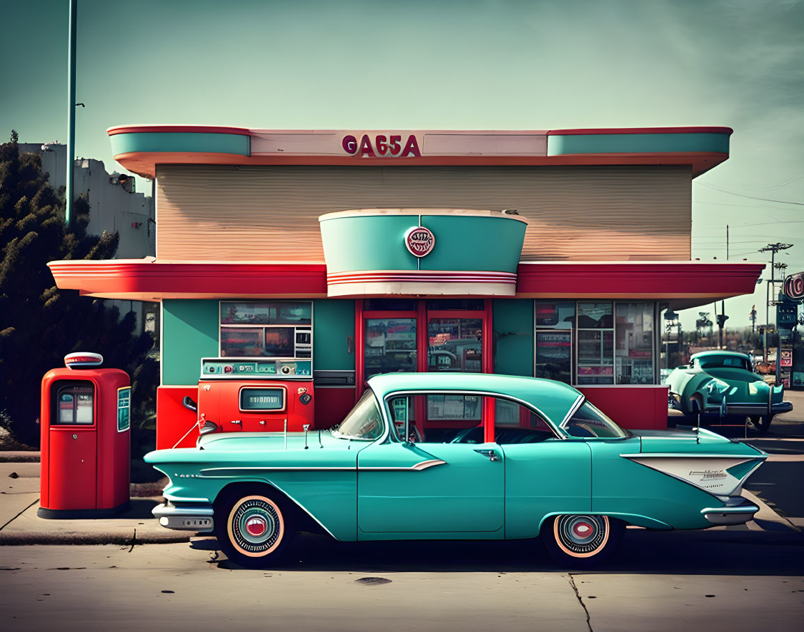 Vintage Turquoise Car at Retro Gas Station with Red and White Theme