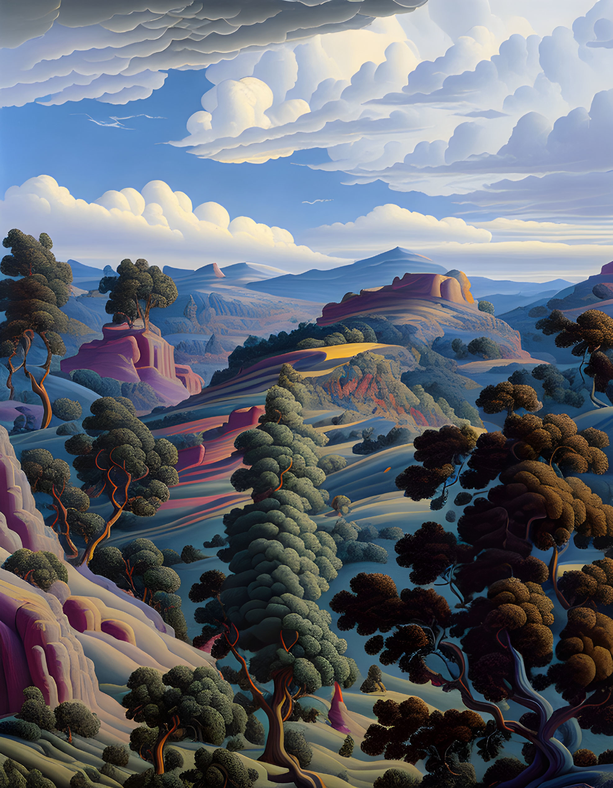 Surreal landscape with lush trees, hills, and mesas under dramatic sky