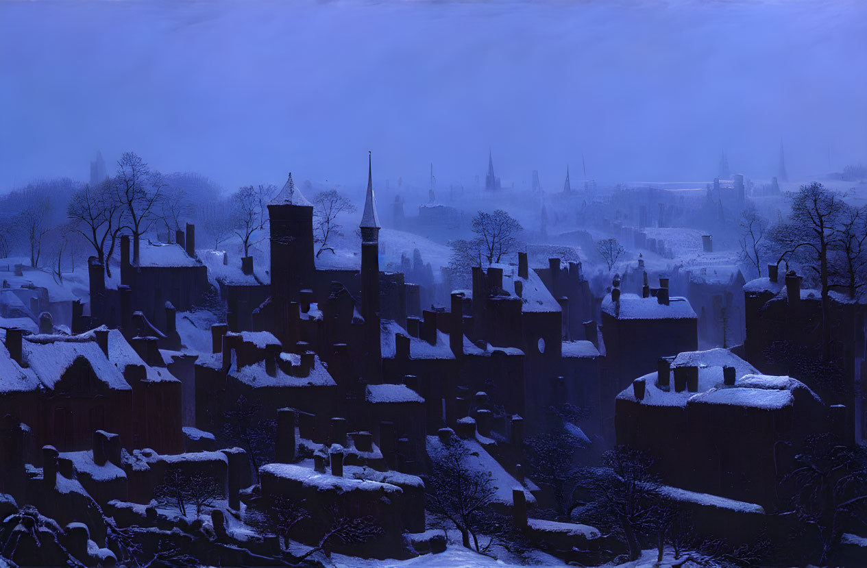 Snow-covered rooftops in a nocturnal winter cityscape