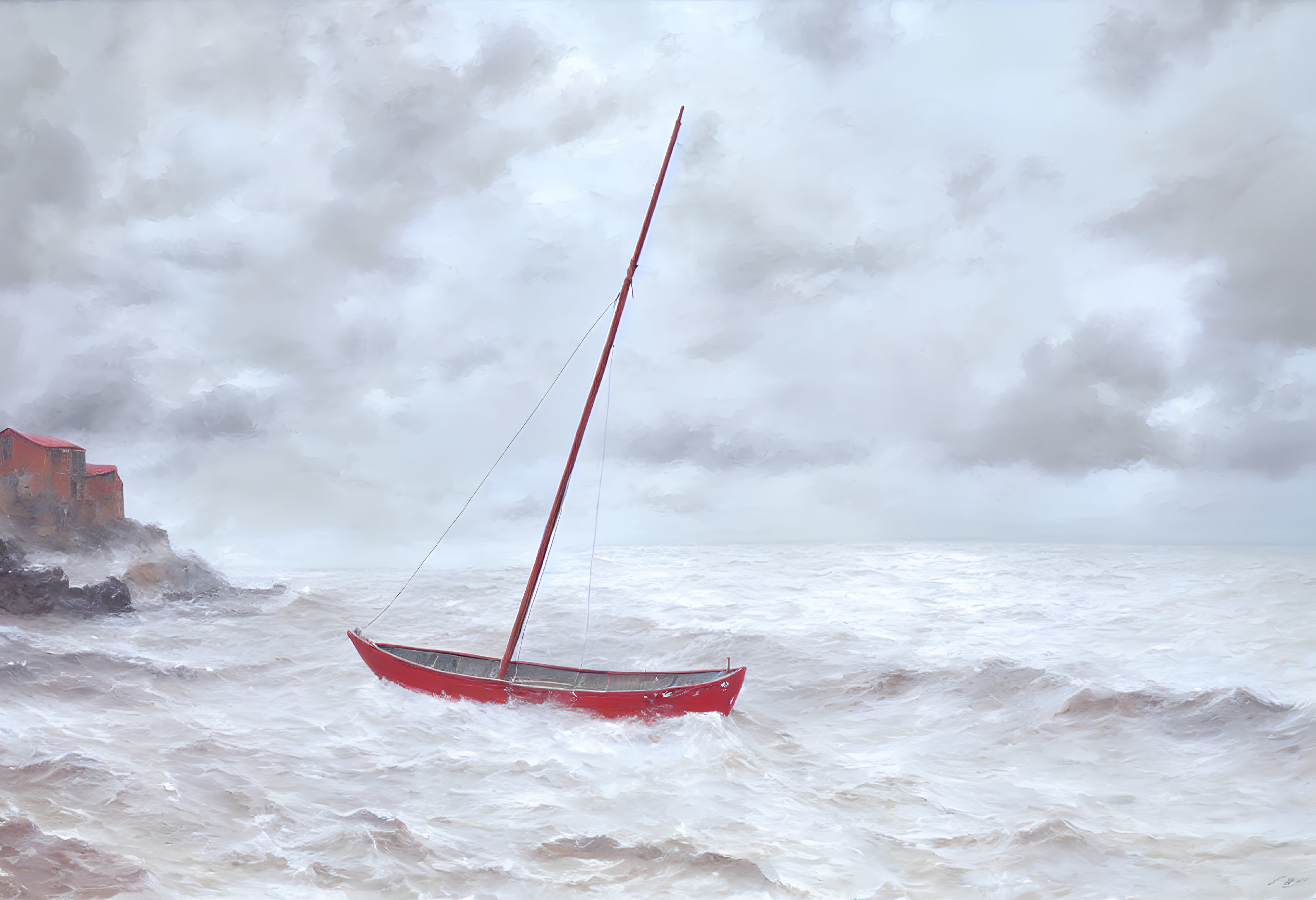 Red sailboat with leaning mast in choppy waters near cloudy coast buildings