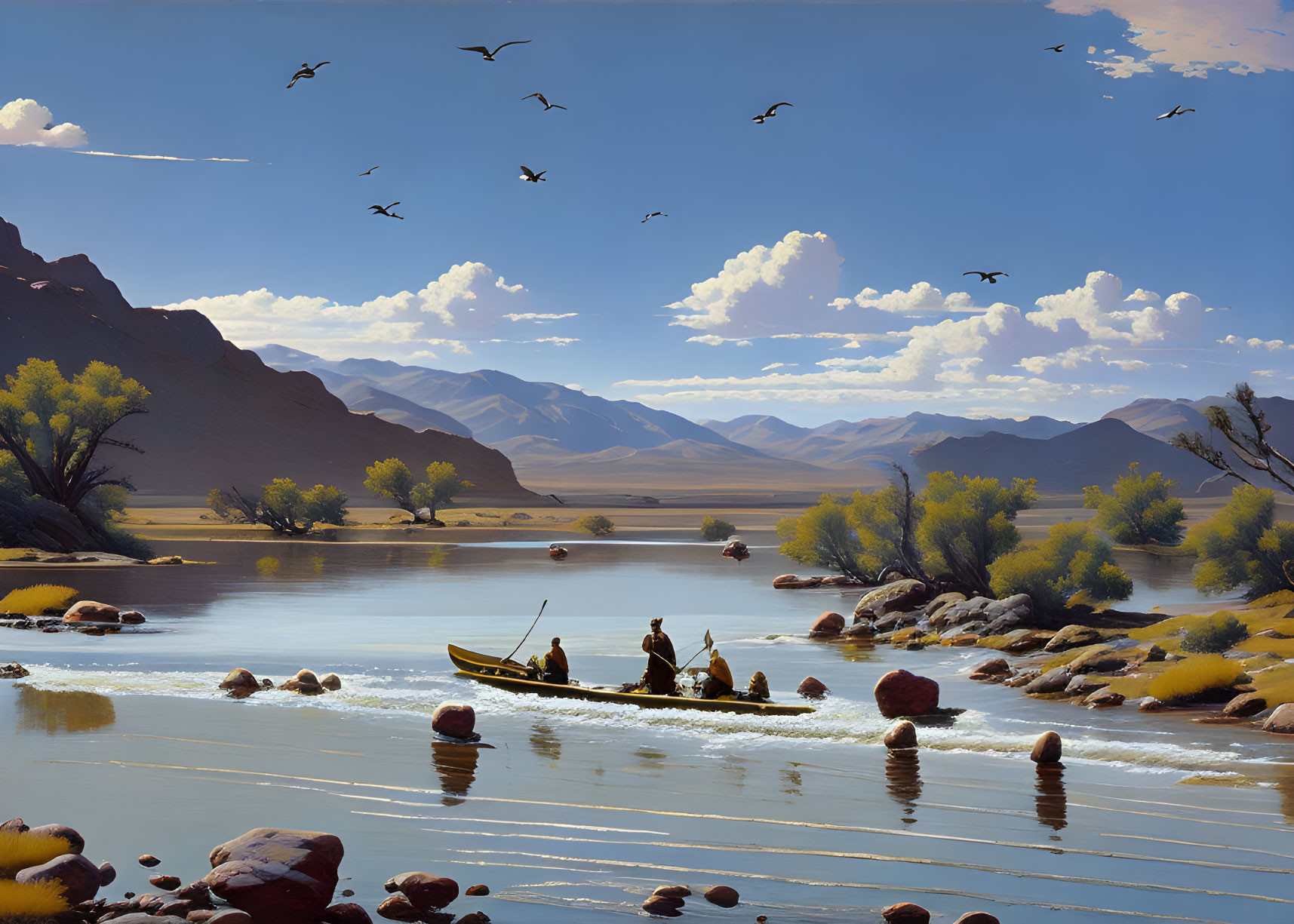 Mountain river scene with rowing boat and birds in clear sky