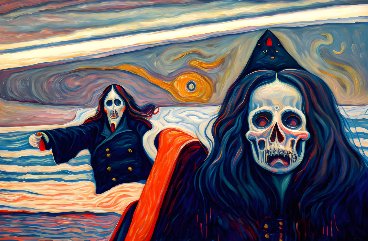 Skull-faced figures in red and black against starry sky and sea