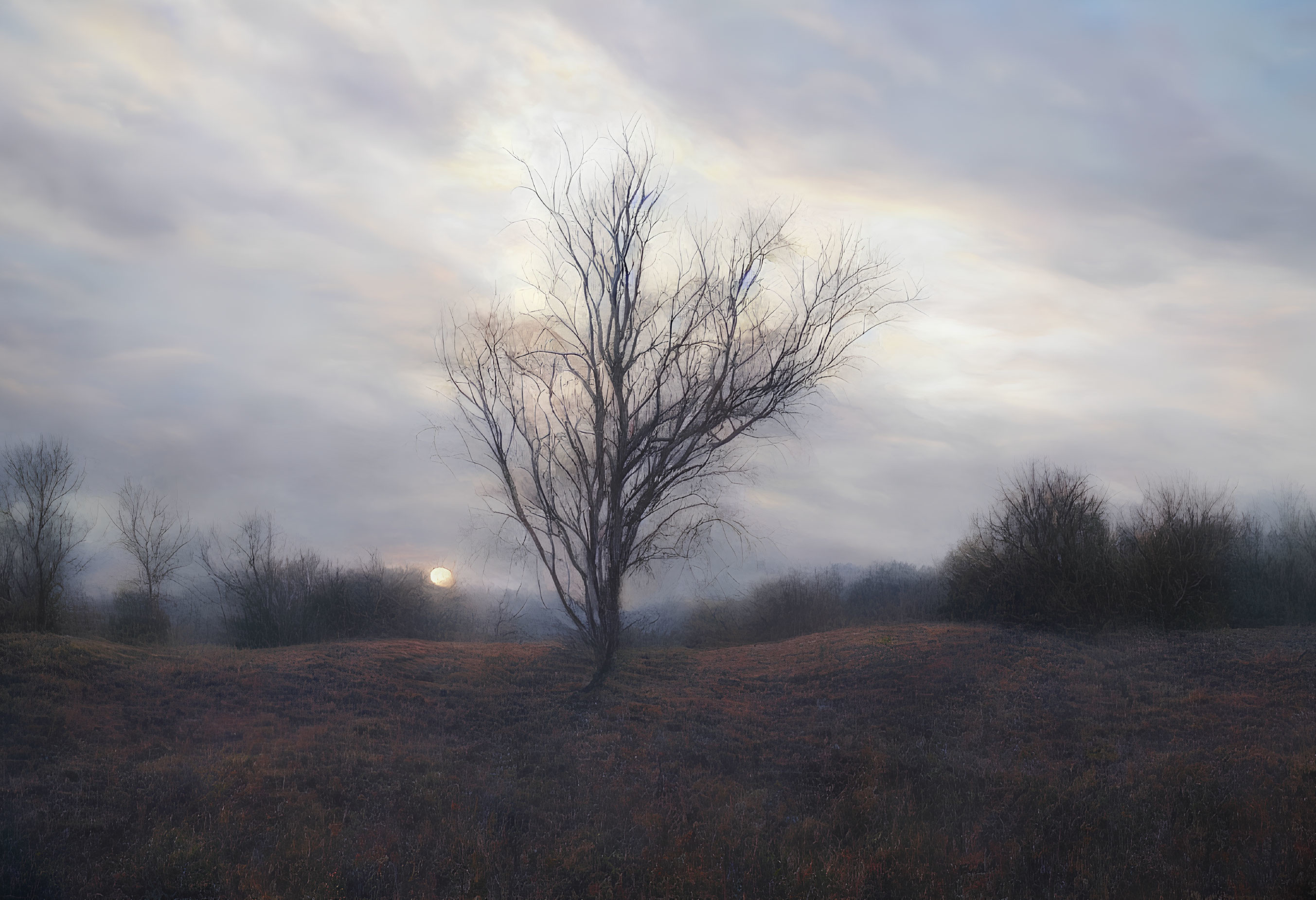 Misty field with solitary leafless tree at sunset