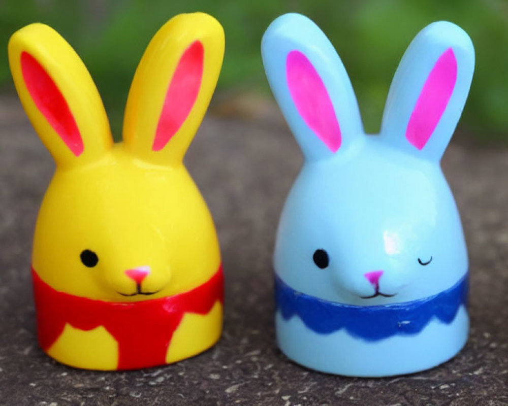 Colorful Rabbit-Shaped Figurines: Yellow and Blue, Painted Faces and Clothes, Sitting