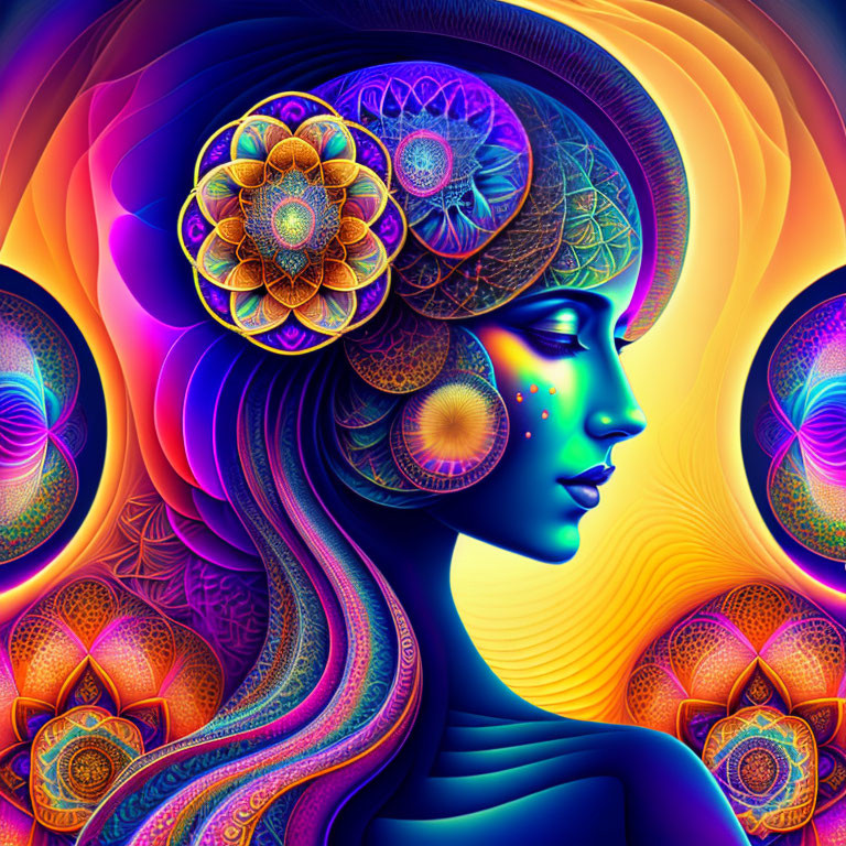 Colorful psychedelic portrait of a woman with mandala patterns and warm background