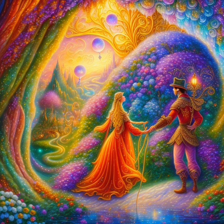 Colorful fantasy painting of man with lantern and woman in magical forest