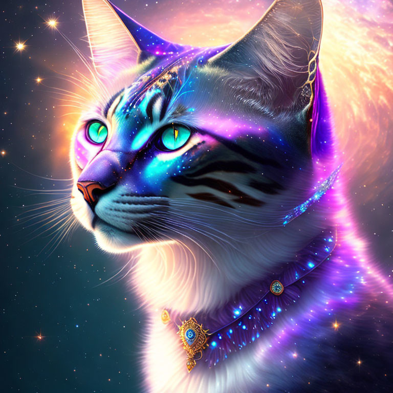 Majestic cat digital artwork with cosmic fur pattern and golden jewelry